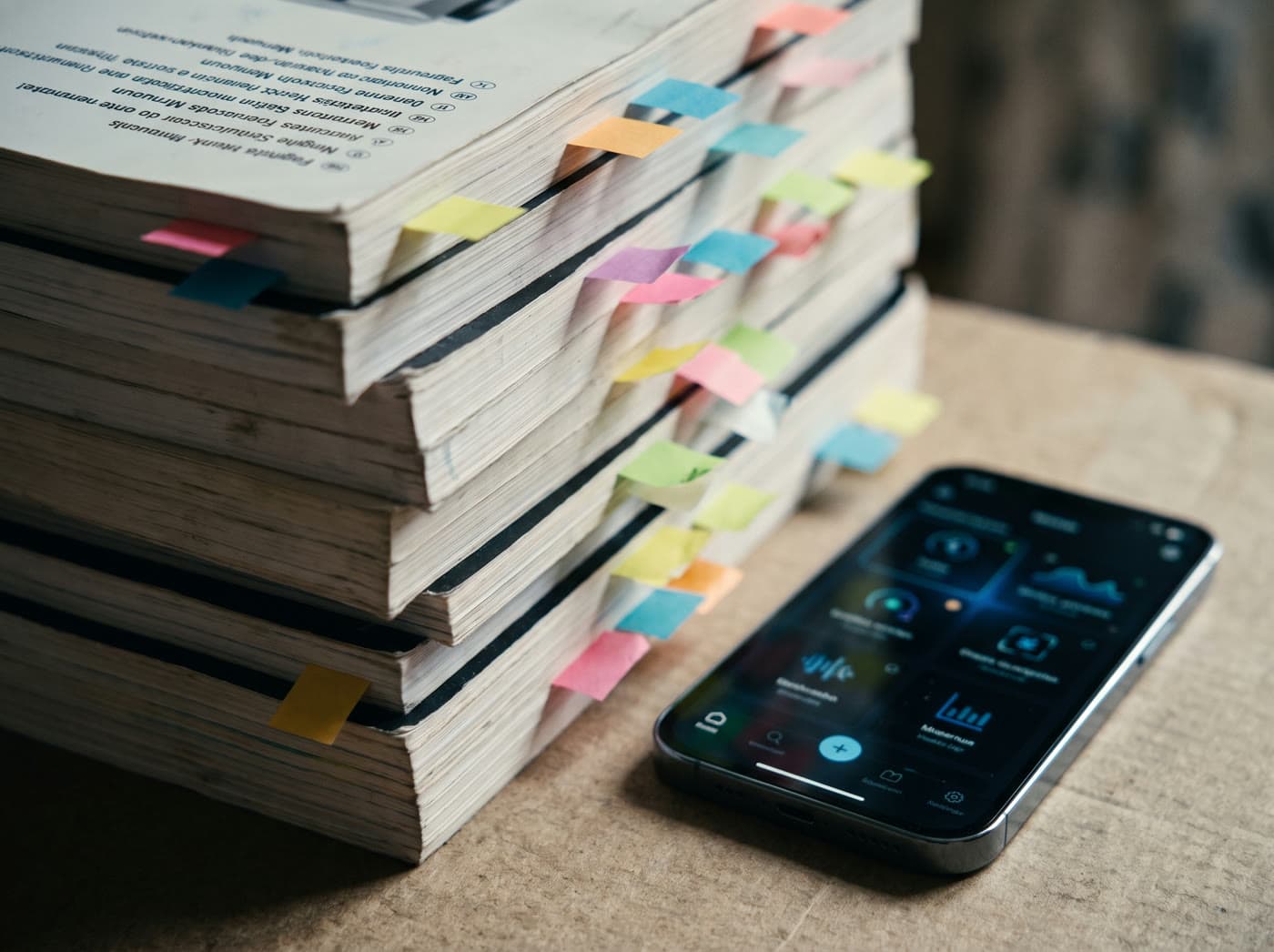 Pila de manuales en papel con pósits junto a un móvil